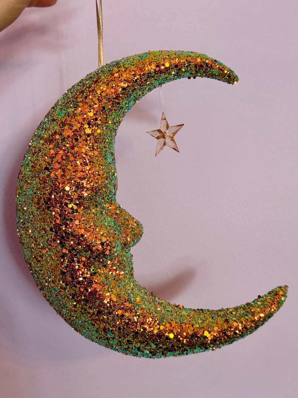 Glitter Crescent Moon Ornament in Green and Gold iridescent
